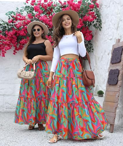 Trendy Lightweight Drawstring Tiered Ruffles Paisley Hippie Plus Size Bohemian Long Maxi Skirt with Deep Pockets Office Music Festival Travel Picnic Dating Fall Outfits Multicolor Abstract Wave M