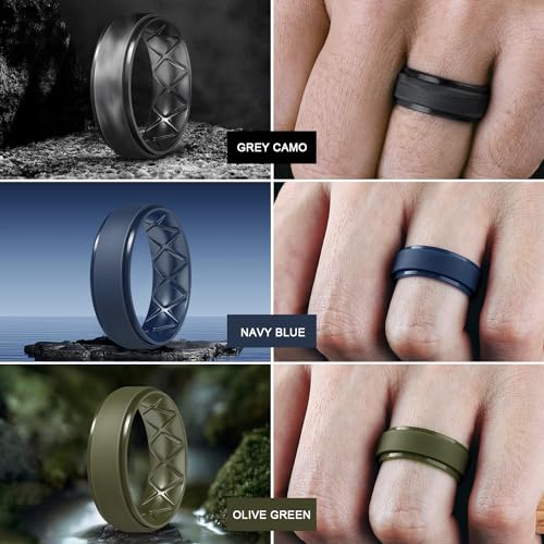 Egnaro Men's Silicone Wedding Rings, 8.5mm Wide 2mm Thick Breathable Inner Arc Rubber Bands, Hypoallergenic Flexible Rings for Gym, Work, Construction, Electrical & Outdoor, Gift for Men, 1-7 Pack