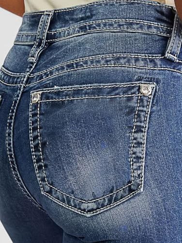 Flamingals Women's Butt Lifting Skinny Leg Jeans Stretchy Tummy Control Mid Rise Denim Jeans Deep Blue Denim L