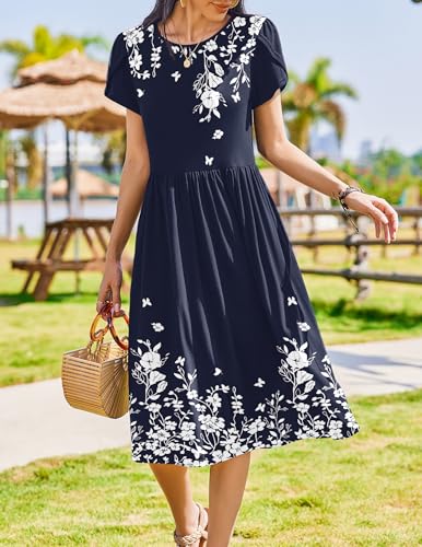 Zeagoo Women Summer Short Sleeve Midi Dress with Pockets Casual Aline Flowy Tshirt Dress Floral Vocation Beach Sundress