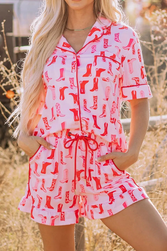 Cowgirl Boots Printed Shirt and Shorts Set