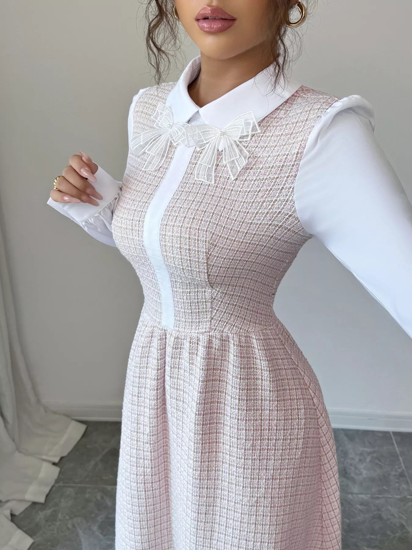 Tweed Long Sleeve A-Line Midi Dress