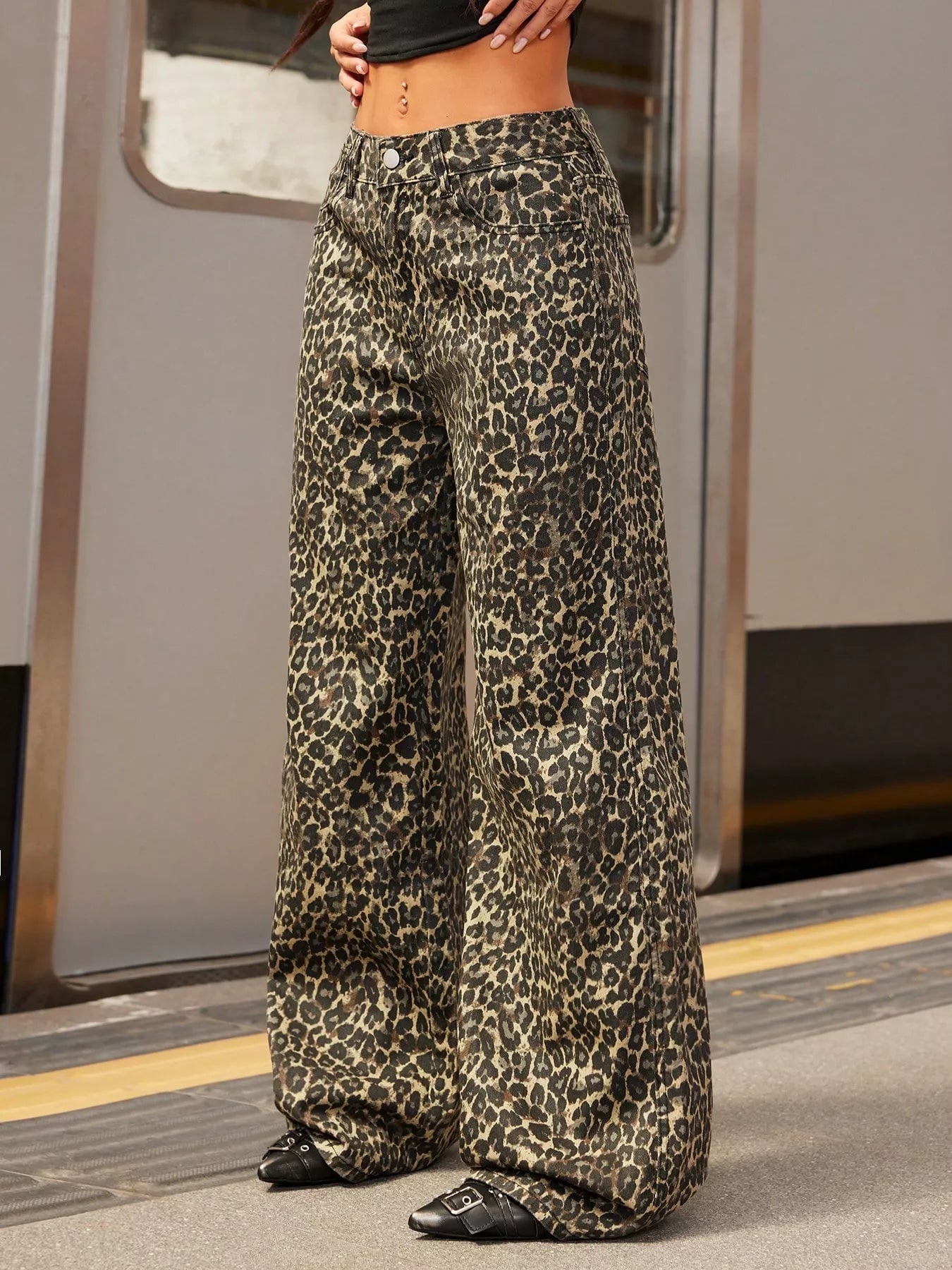 Leopard Print Wide Leg Jeans