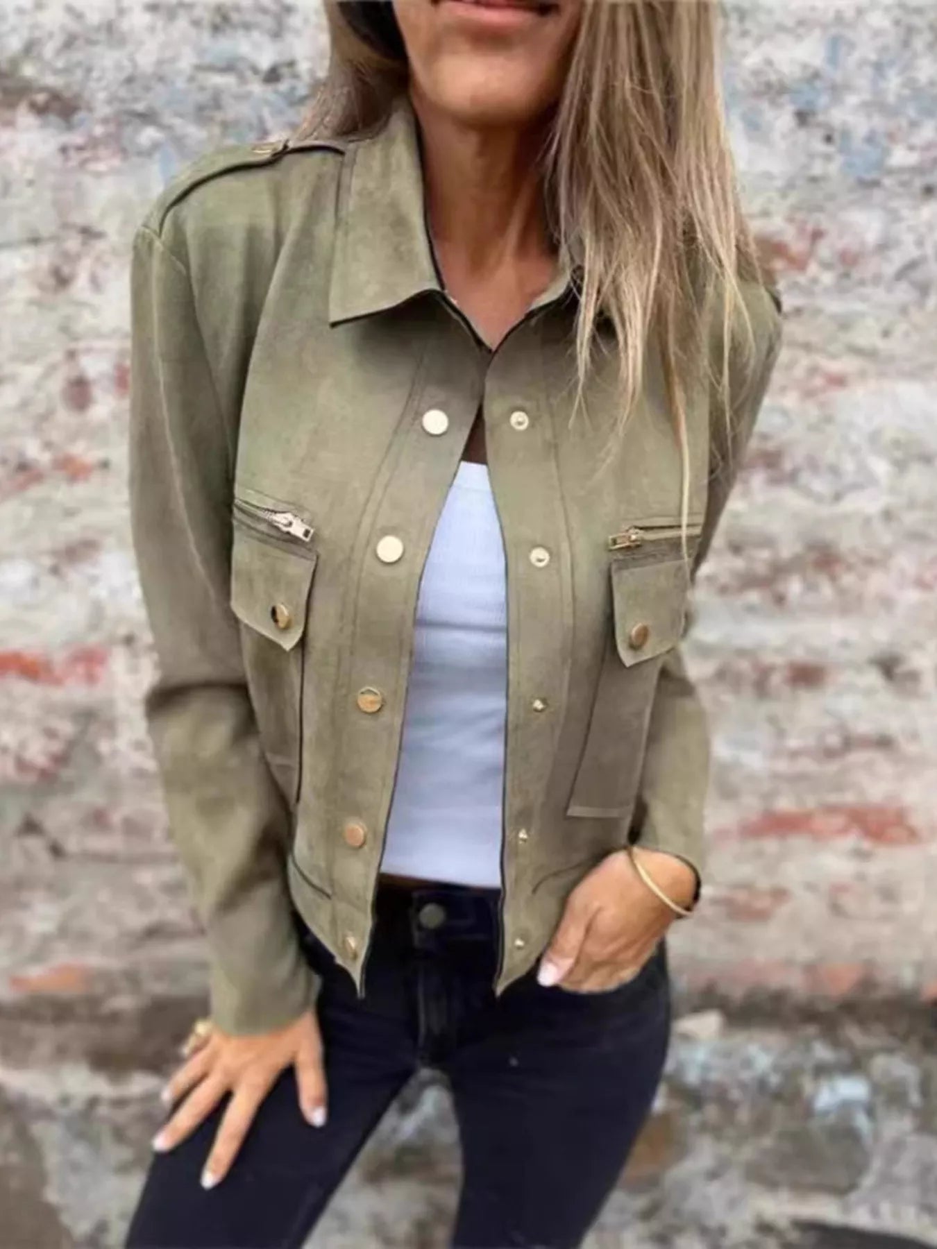 Full Size Snap Down Long Sleeve Jacket Plus Size