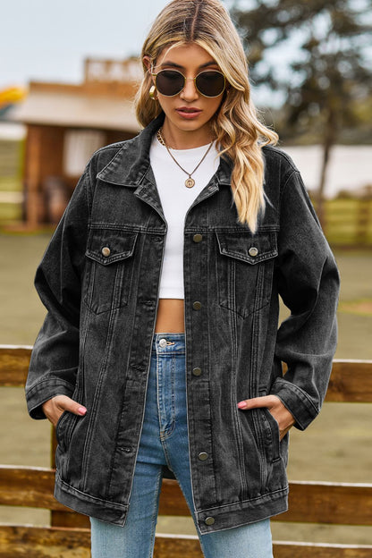 Buttoned Collared Neck Denim Jacket with Pockets Black