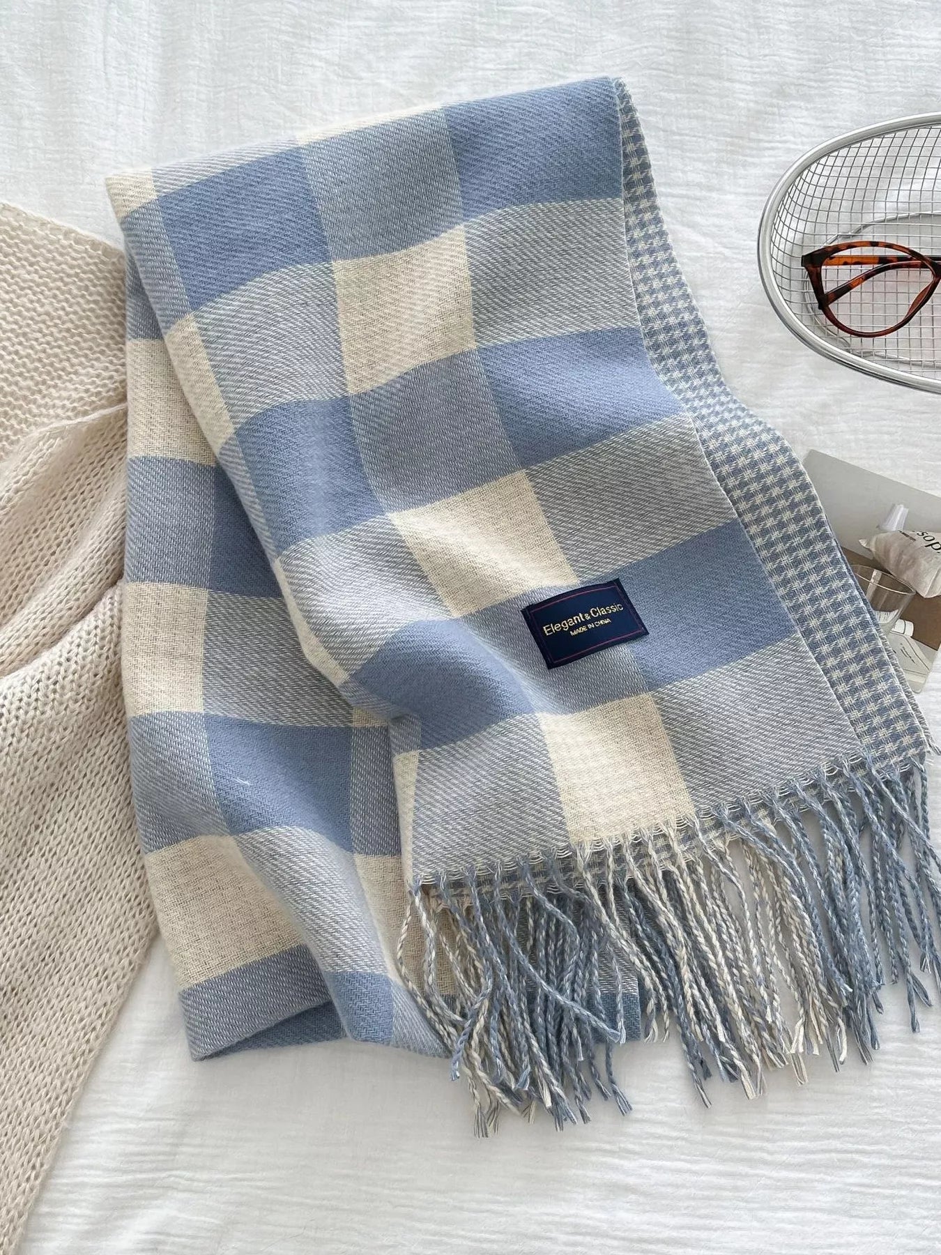 Plaid Tassel Winter Scarf Blue One Size