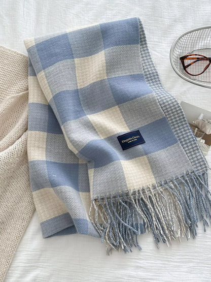 Plaid Tassel Winter Scarf Blue One Size