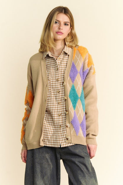 Davi & Dani Argyle V-Neck Dropped Shoulder Cardigan Tan