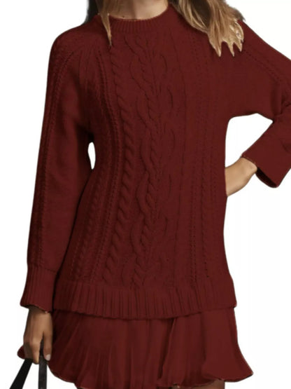 Full Size Cable-Knit Mini Sweater Dress Plus Size Burgundy