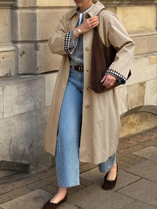 Checkered Lining Button Up Trench Coat Khaki