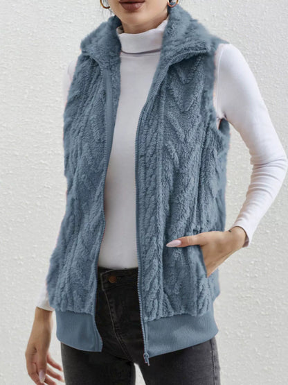 Full Size Cozy Faux Fur Zip-Up Vest Coat Plus Size Blue