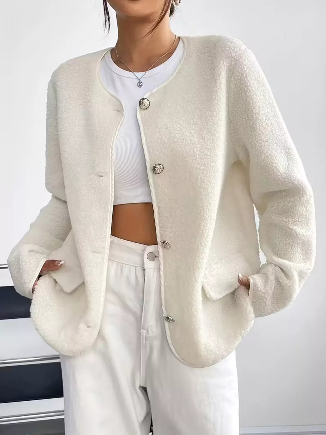 Full Size Textured Button-Up Fleece Outerwear Plus Size Ivory