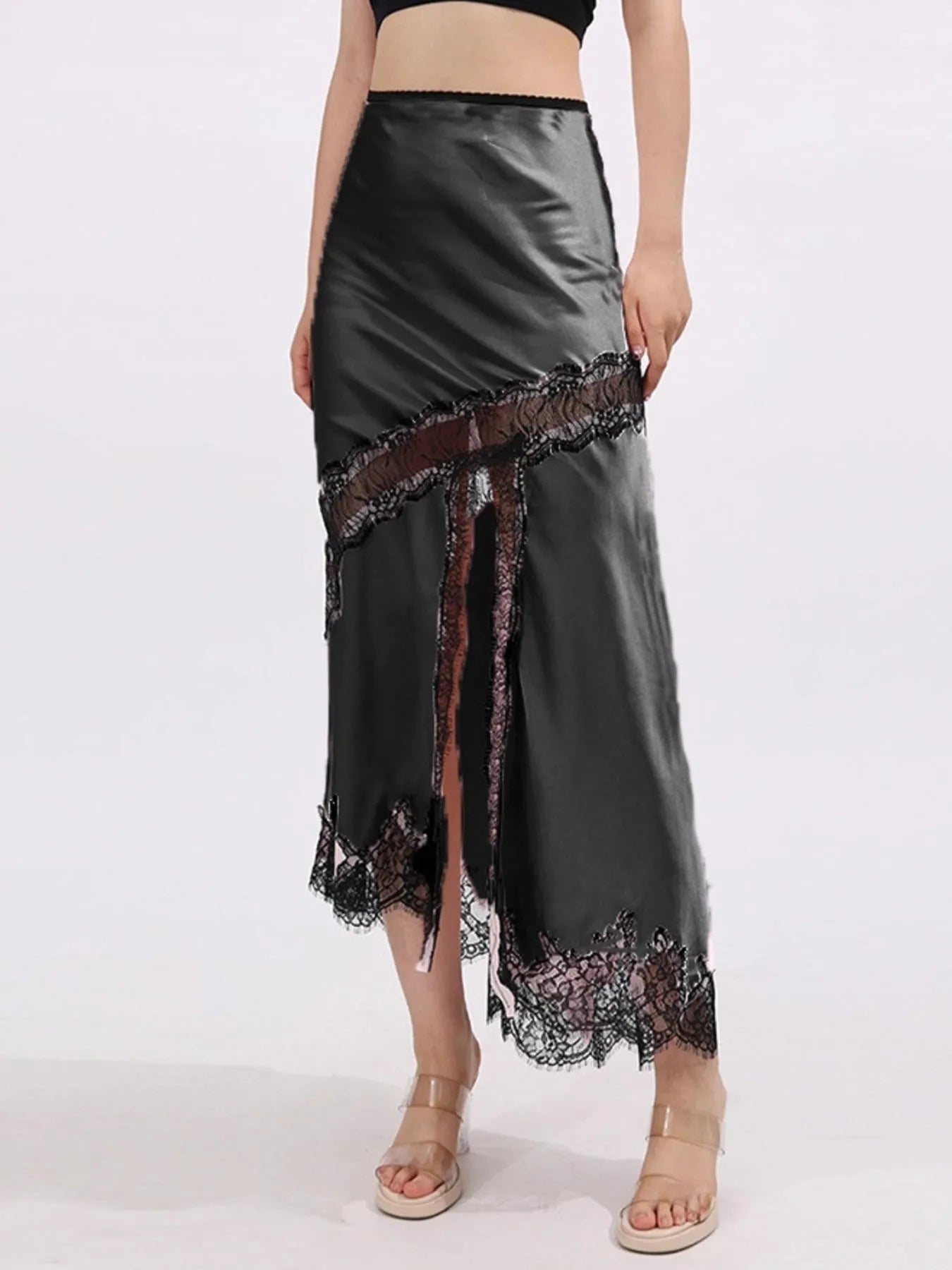 Lace Trim Asymmetrical Midi Skirt Black