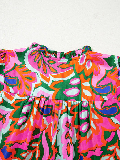 Tropical Print Short Sleeve Tie Neck Blouse