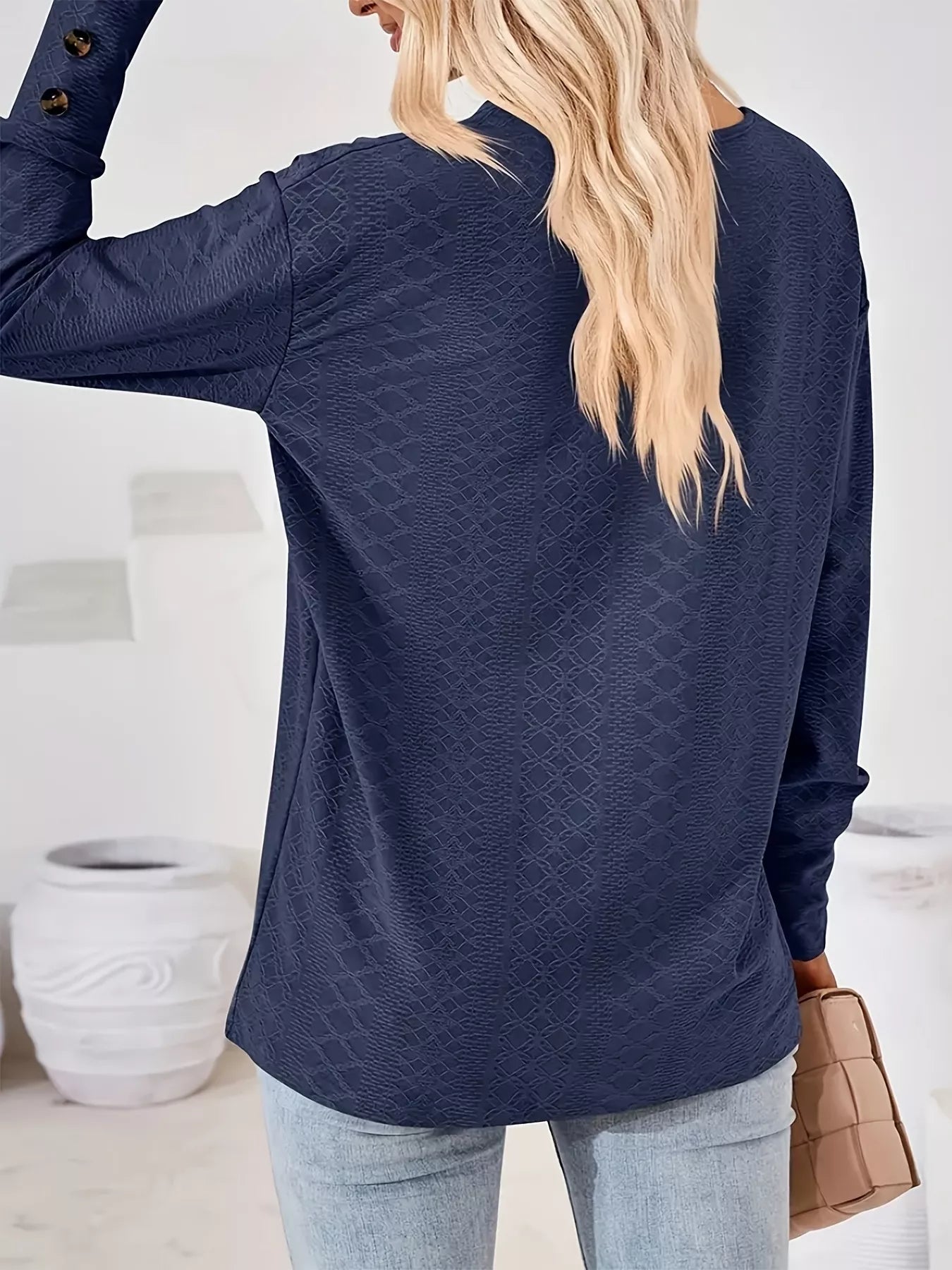 Plus Size V-Neck Textured Long Sleeve T-Shirt