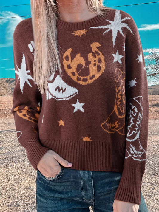 Cowgirl Round Neck Casual Sweater Brown