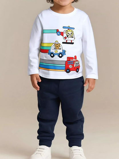 Children's Cartoon Vehicle Print Long Sleeve T-Shirt White
