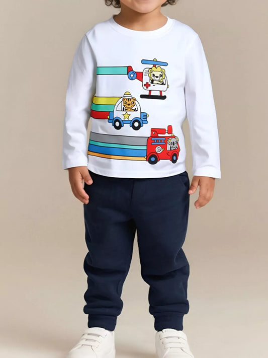 Children's Cartoon Vehicle Print Long Sleeve T-Shirt White