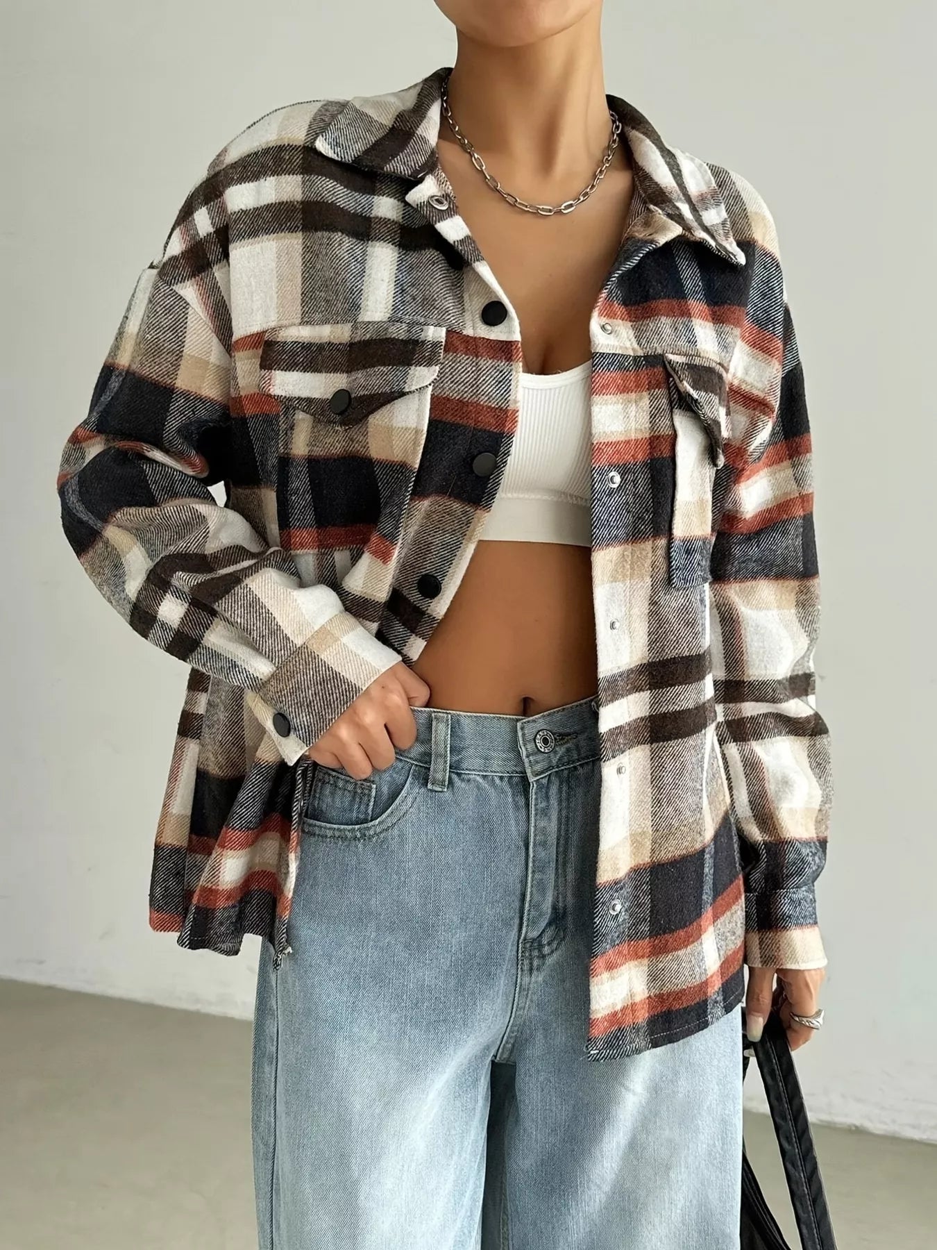 Relaxed Fit Plaid Snap Down Shirt Mocha
