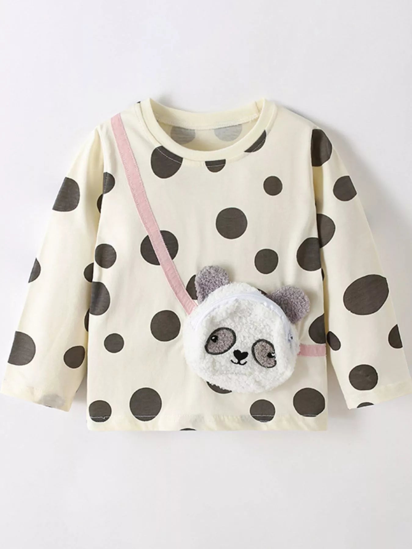 Children's Panda Applique Polka Dot Long Sleeve T-Shirt Beige