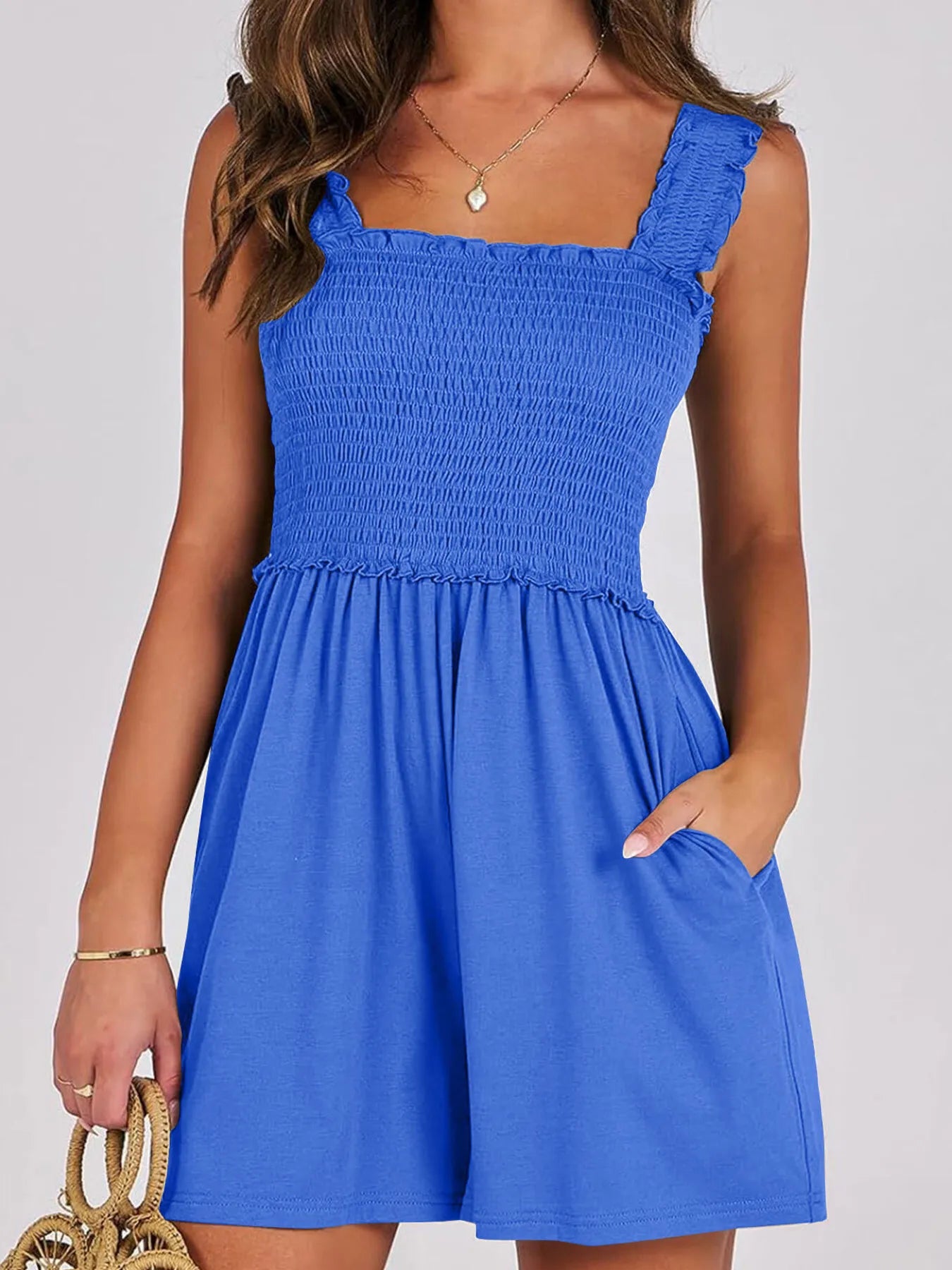 Smocked Square Neck Summer Romper Blue