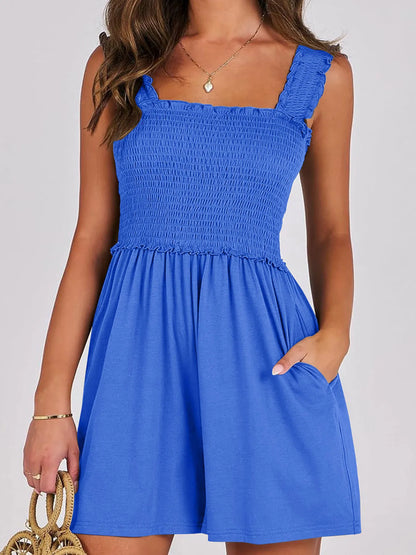 Smocked Square Neck Summer Romper Blue