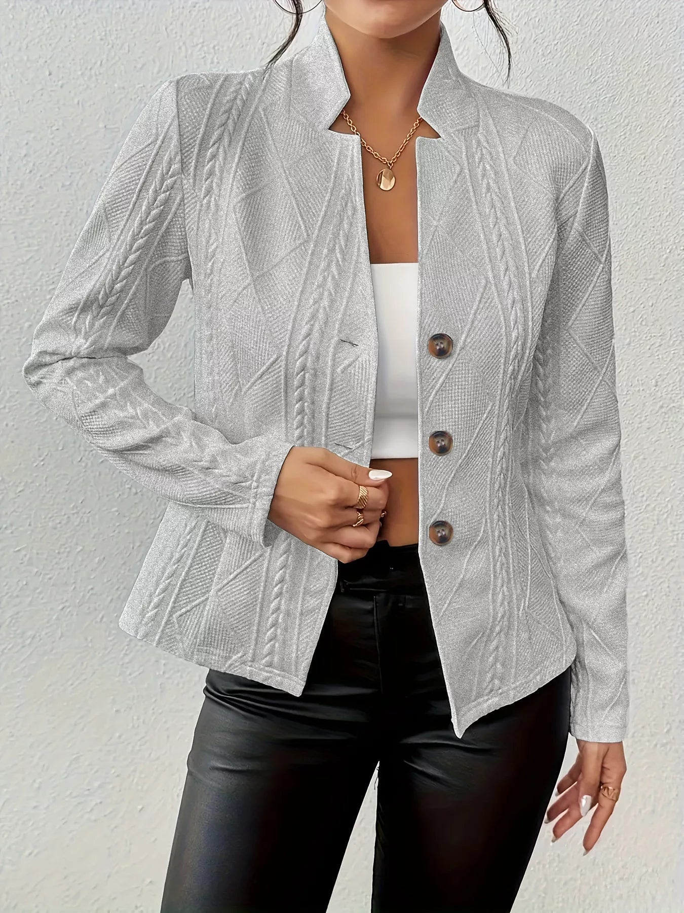 Textured Knit Button-Front Blazer Gray