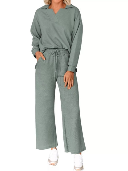 Side Slit Textured Top and Drawstring Pants Set Sage