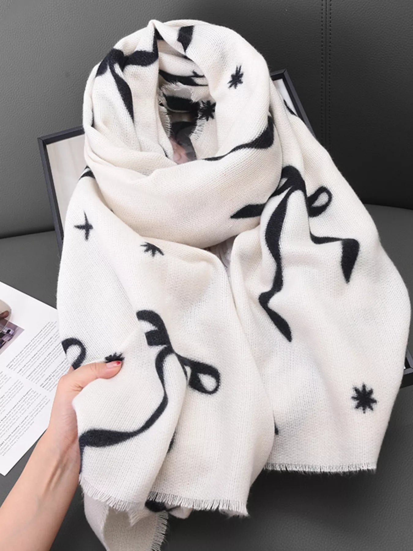Bow Print Lightweight Scarf White One Size