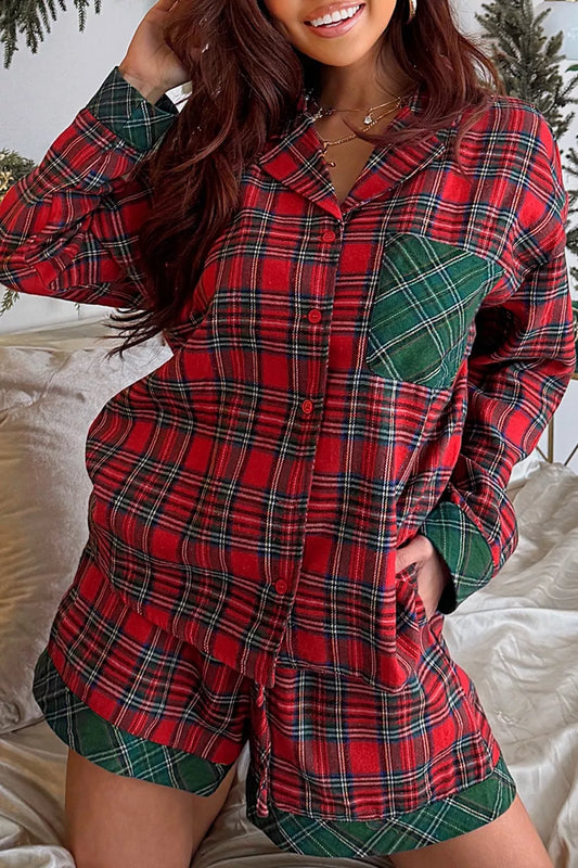 Plaid Contrast Patched Christmas Holiday Long Sleeve Shirt and Short 2pcs Pajama Set Deep Red