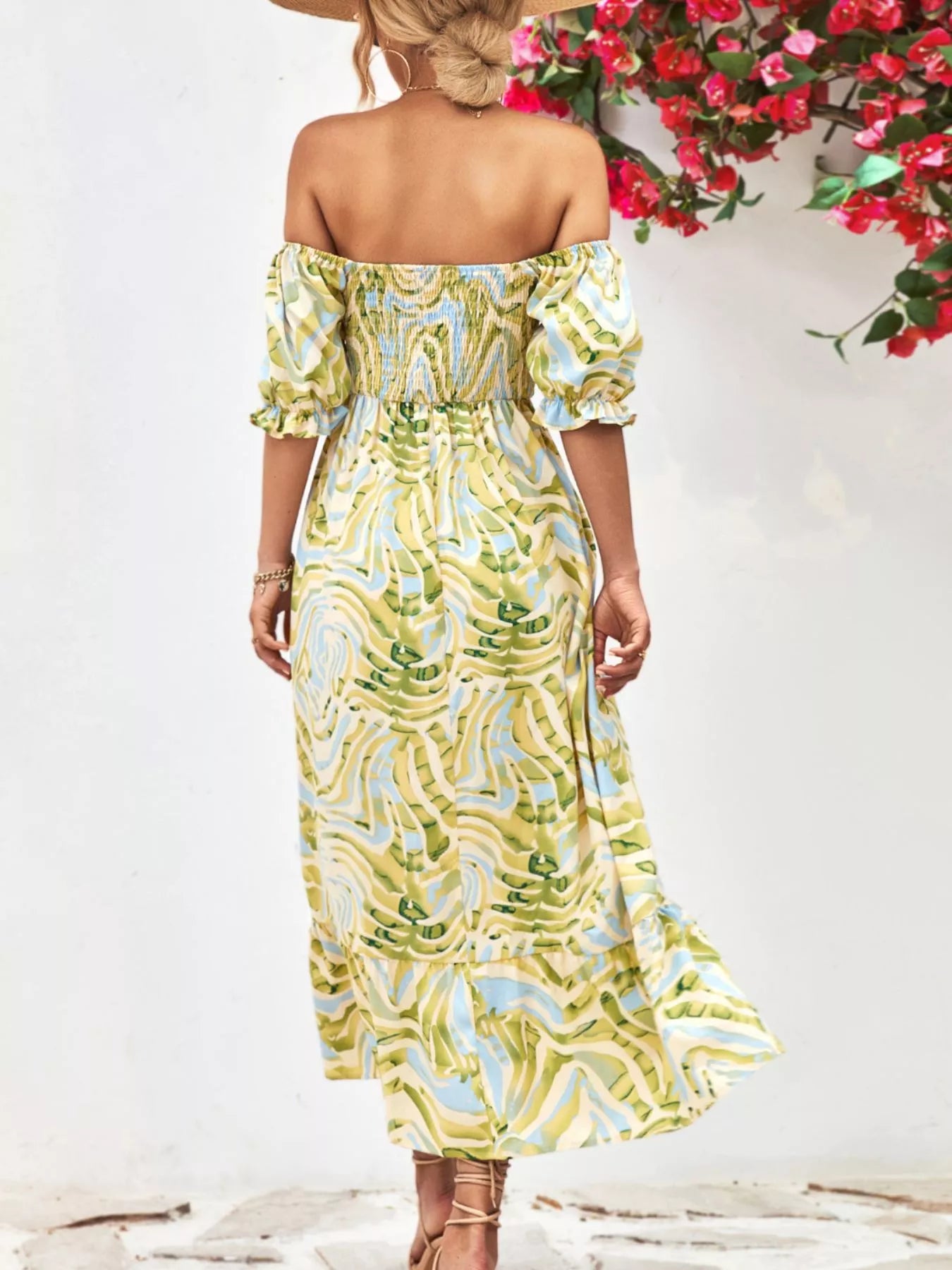 Smocked Printed Puff Sleeve Midi Dress