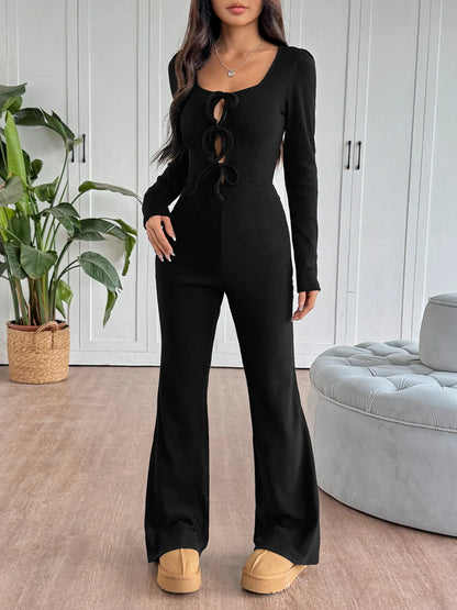 Tie Front Long Sleeve Flare Jumpsuit Black