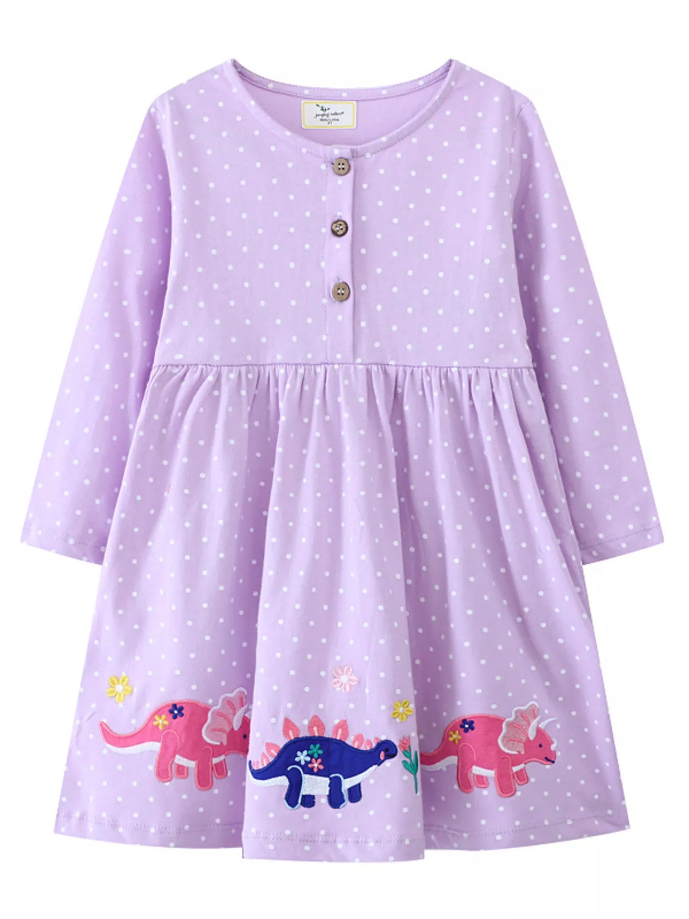 Children's Dinosaur Embroidered Polka Dot Dress Lavender