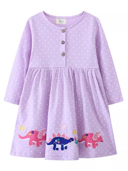 Children's Dinosaur Embroidered Polka Dot Dress Lavender
