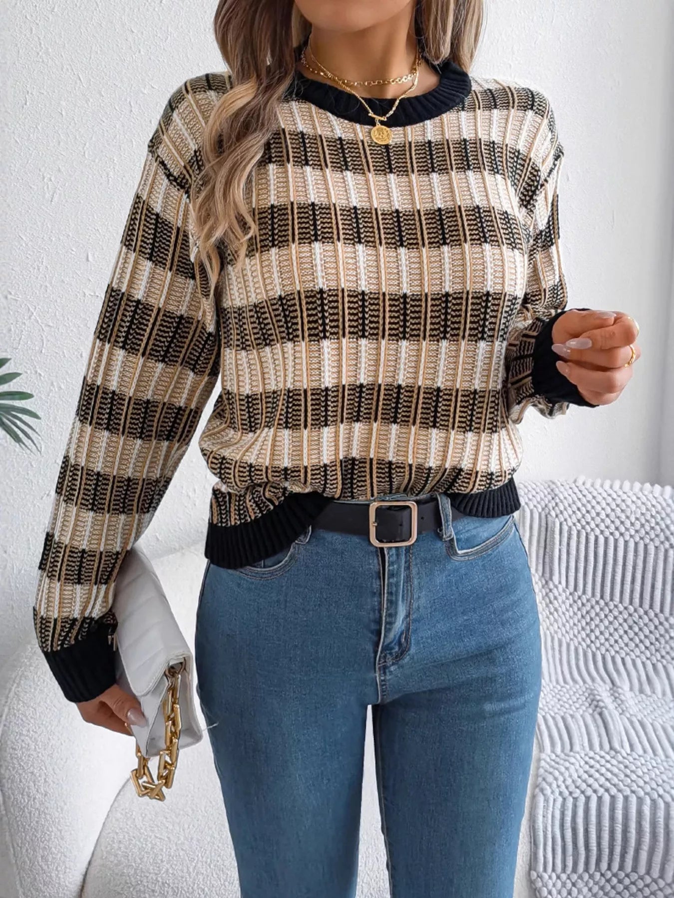 Striped Round Neck Long Sleeve Sweater