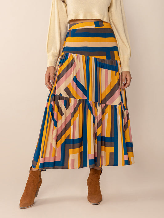 Ruched Elastic Waist Contrast Midi Skirt Multicolor
