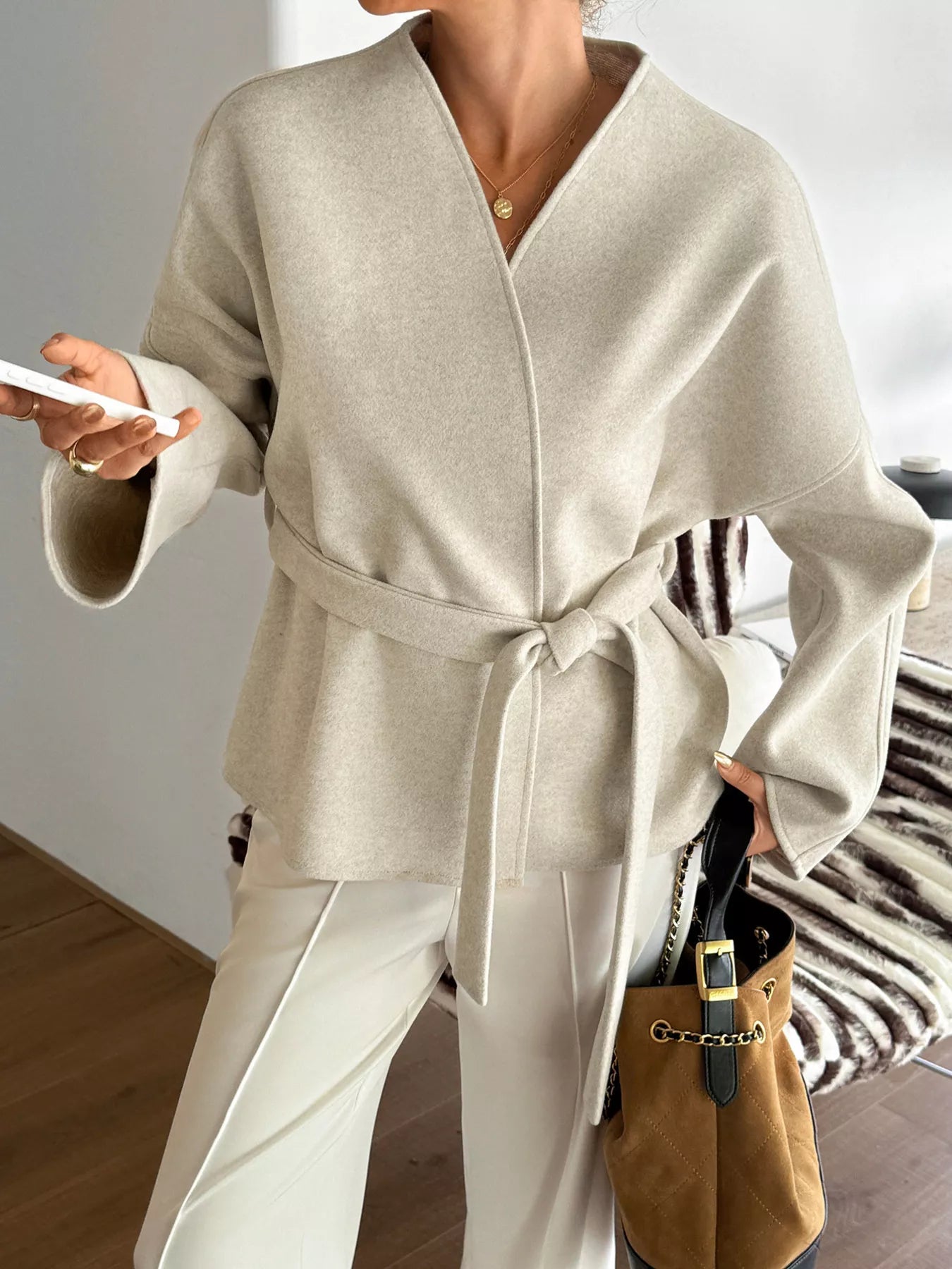 Surplice Dropped Shoulder Tie Belt Outerwear