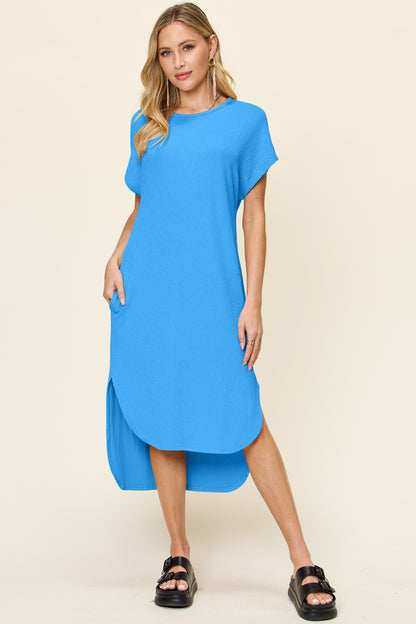 Slightly Slit Round Neck Short Sleeve Dress Sky Blue