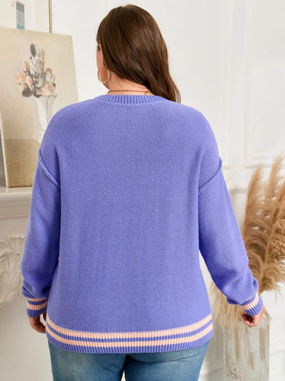 Plus Size Striped Trim Drop Shoulder Knit Loose Sweater