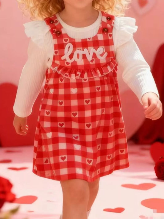 Children's Ruffled Bodysuit and Gingham Dress Set with Headband Red