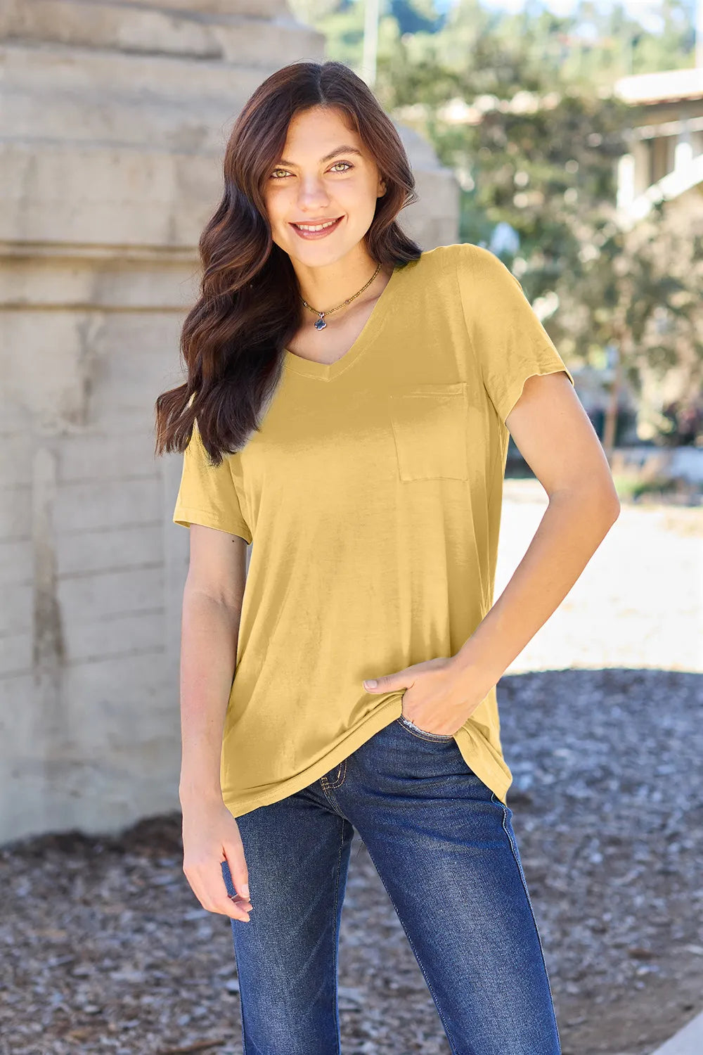 Basic Bae Bamboo Full Size V-Neck Short Sleeve T-Shirt Yellow