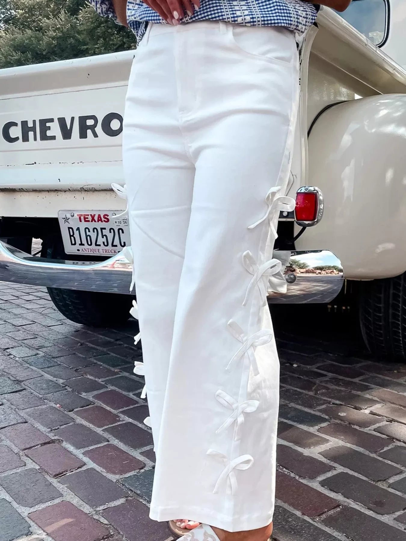 Bow-Accented Wide-Leg Pants White