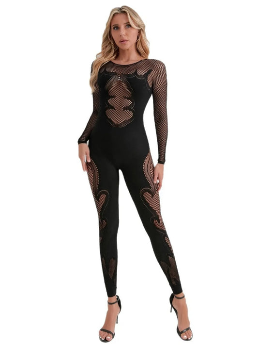 Fishing Net Sheer Long Sleeve Jumpsuit