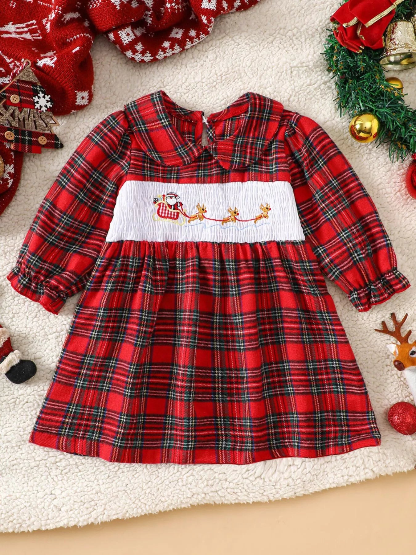 Children's Christmas Plaid Embroidered Smocked Dress Deep Red