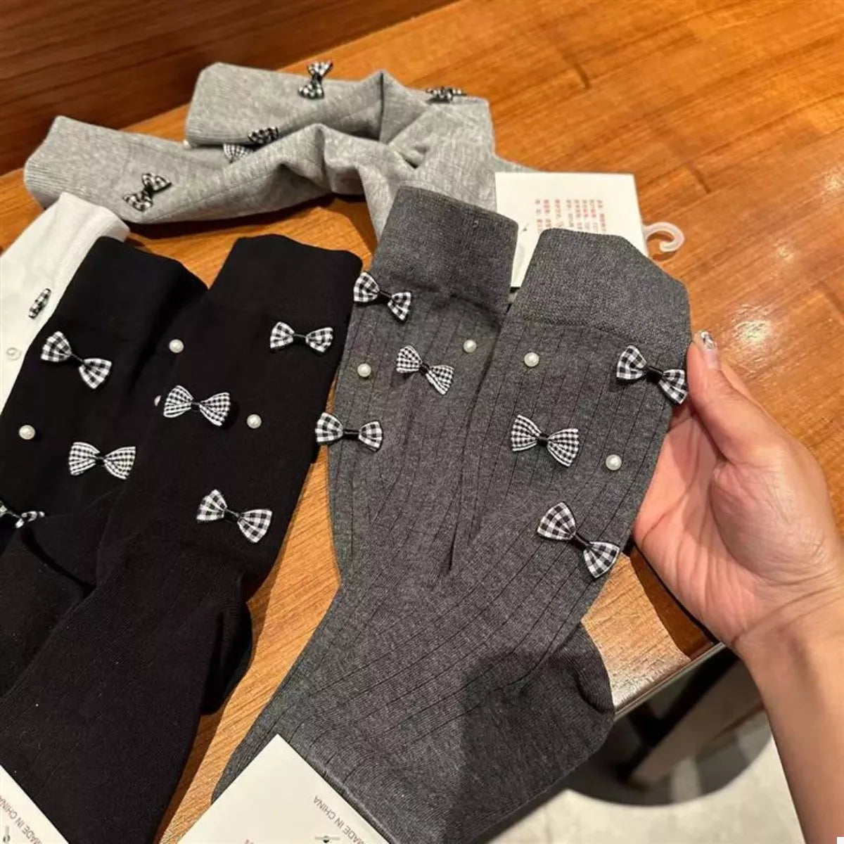 Pearl Detail Bow Crew Socks