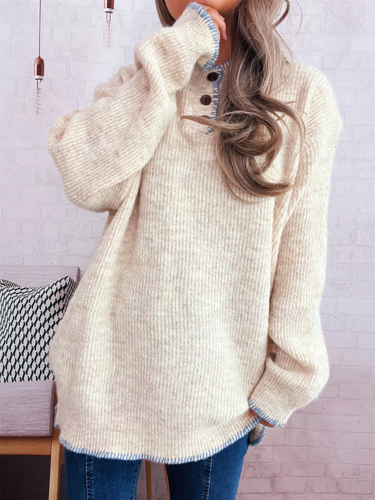 Ribbed Button Detail Long Sleeve Sweater Apricot One Size
