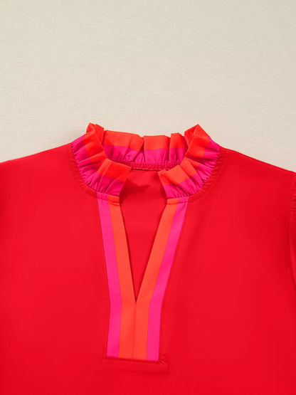 Striped Trim Ruffle Split Neck Long Sleeve Blouse