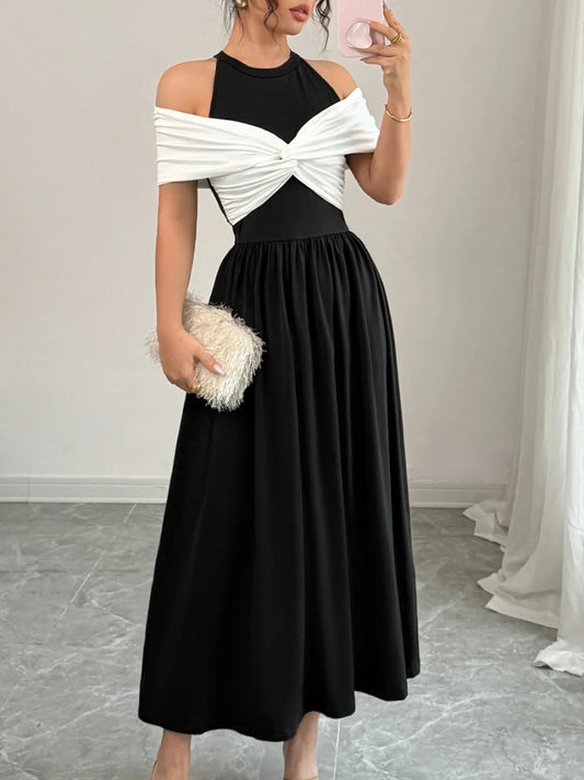 Twisted Contrast Cold Shoulder Midi Dress Black