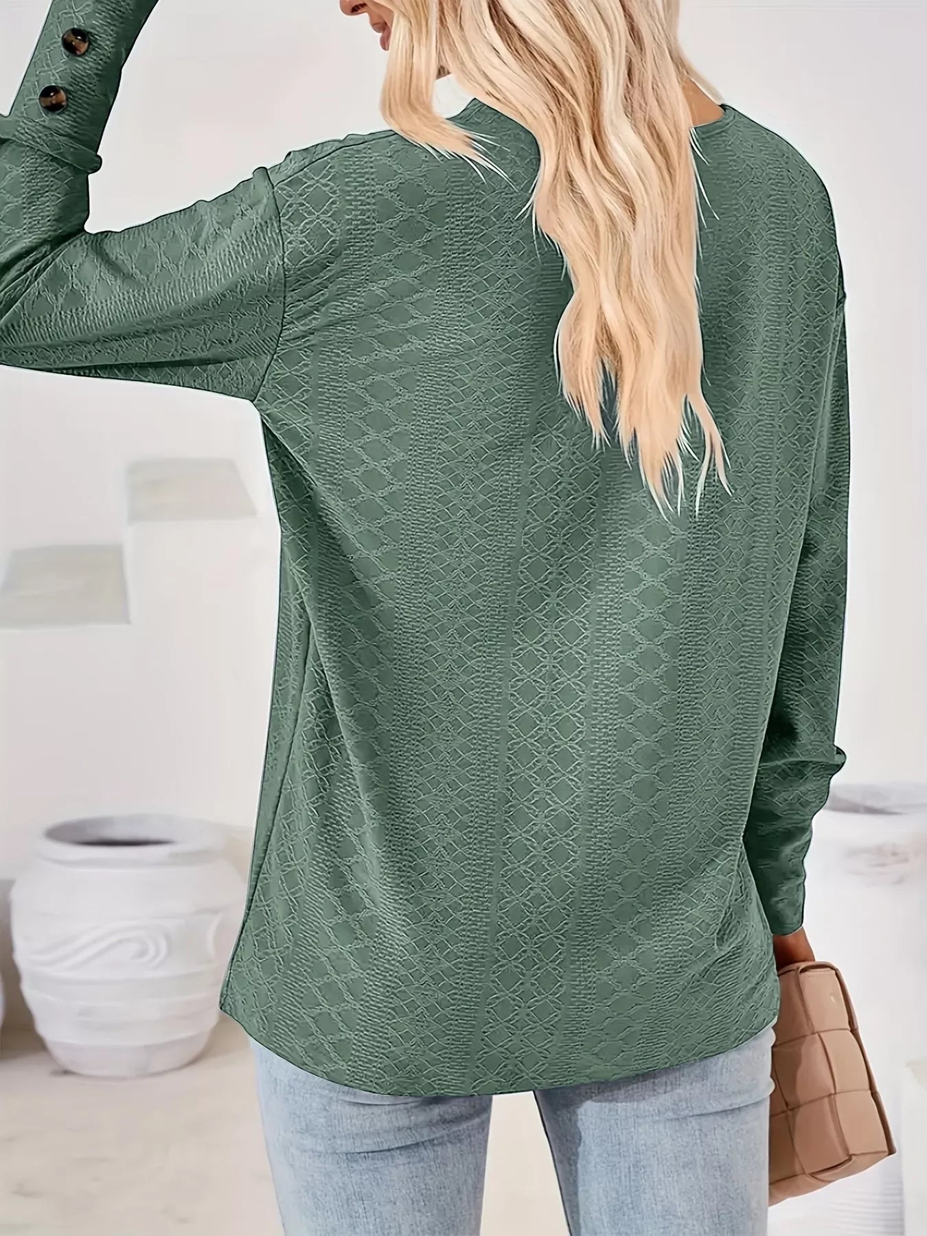 Plus Size V-Neck Textured Long Sleeve T-Shirt