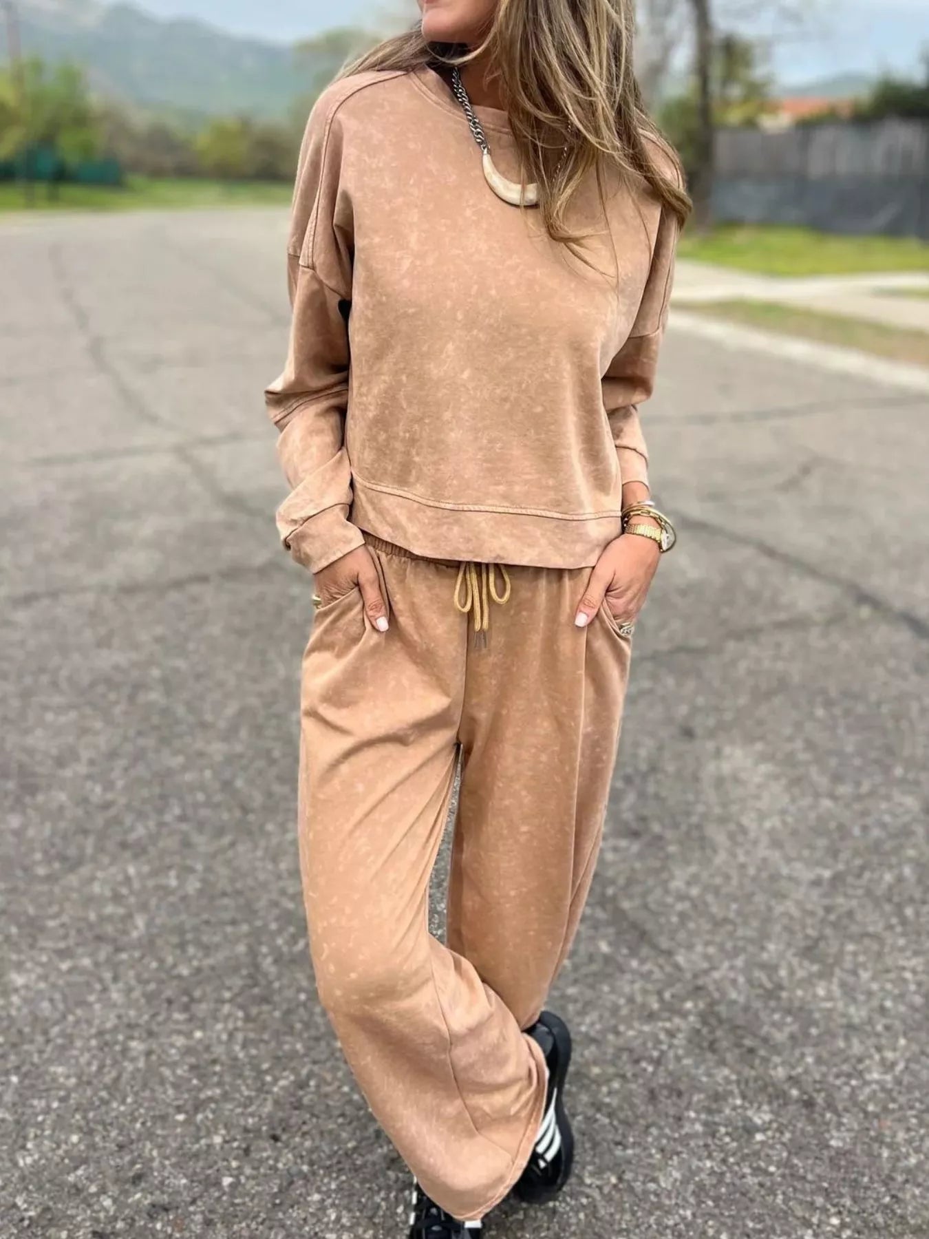 Full Size Washed Round Neck Top and Drawstring Pants Set Plus Size Khaki